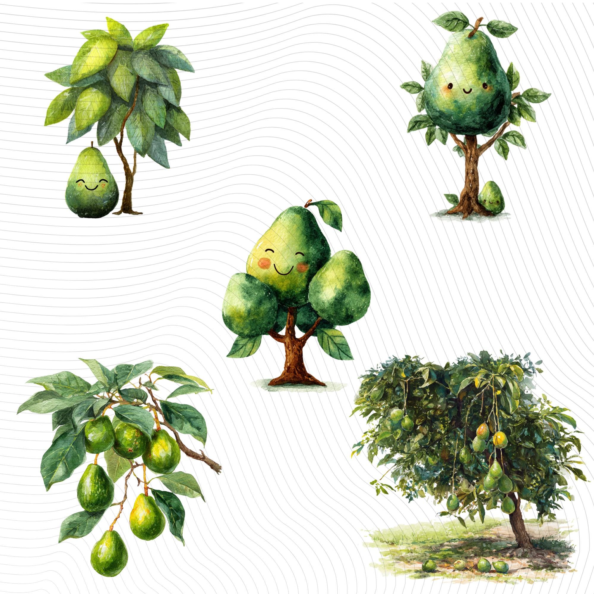 30 Avocado Tree Clipart Bundle: Watercolor Fruit PNG Set (Digital Download)