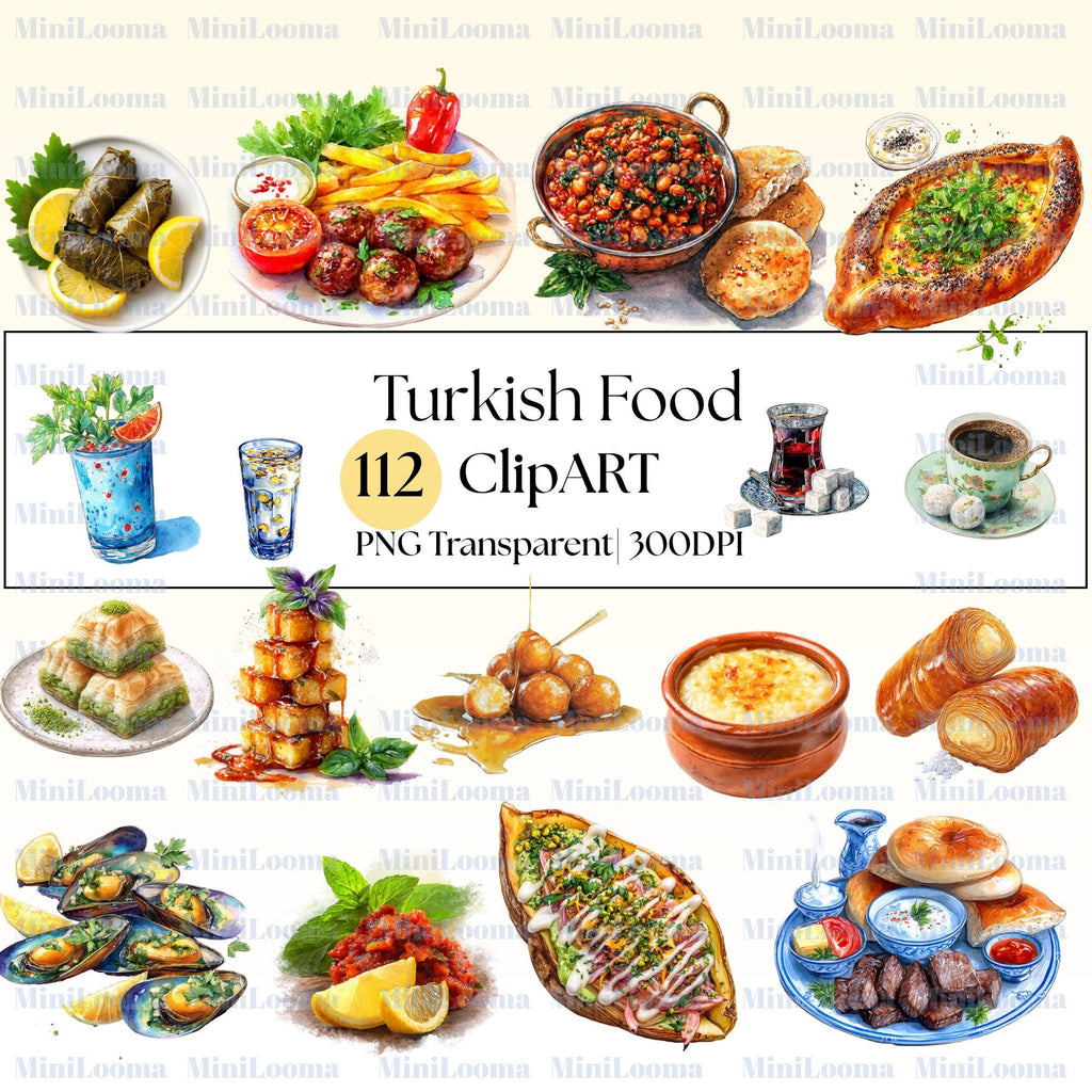 112 Watercolor Turkish Food Clipart Bundle: Mediterranean Cuisine (PNG Transparent)