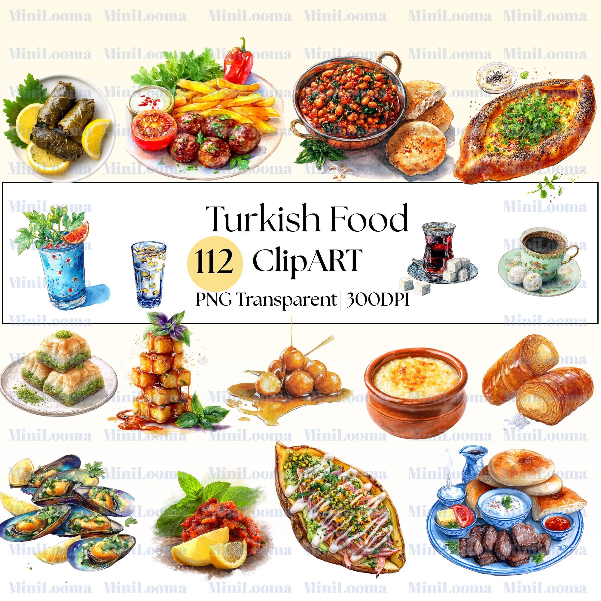 112 Watercolor Turkish Food Clipart Bundle: Mediterranean Cuisine (PNG Transparent)
