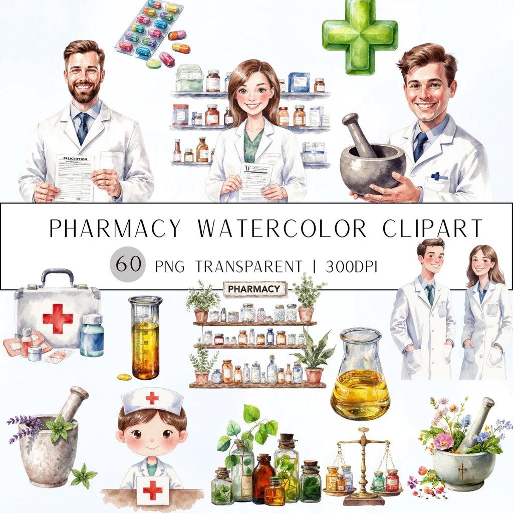 60 Pharmacy Watercolor Clipart |PNG Set, Transparent Background