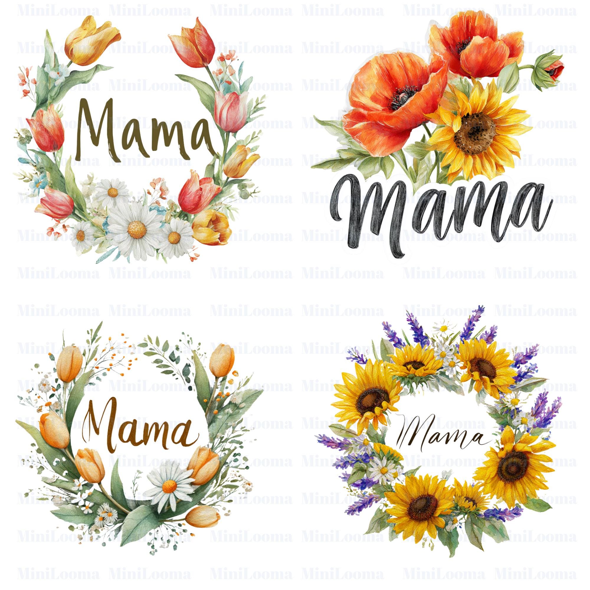 20 Watercolor Mama Floral Clipart Bundle: Sunflower, Rose, Peony (Transparent PNG)
