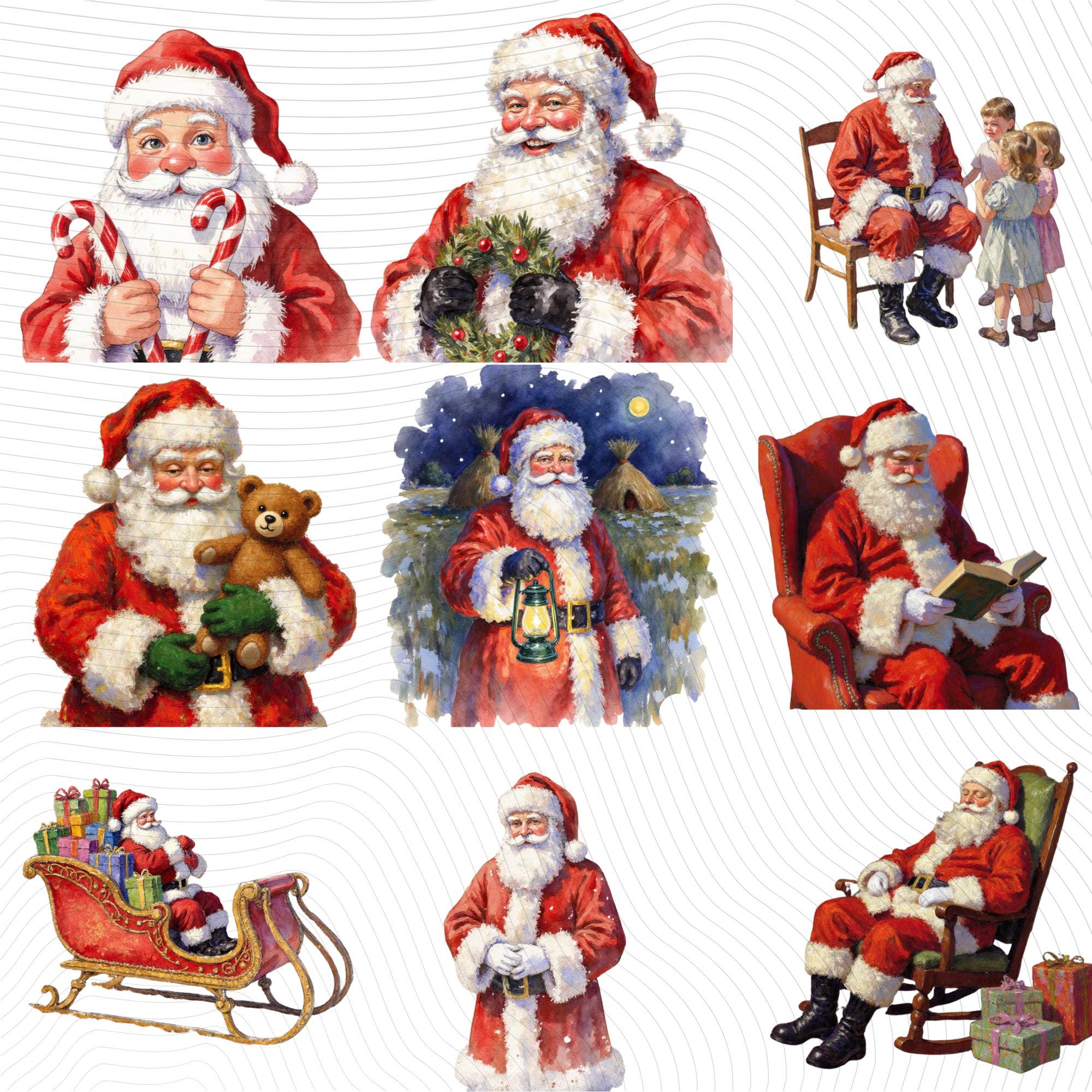 24 Santa Christmas Clipart Set, Watercolor PNG, Transparent Background (300 DPI)