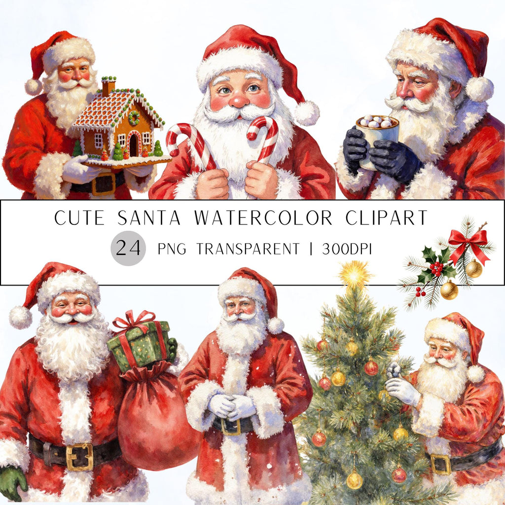 24 Santa Christmas Clipart Set, Watercolor PNG, Transparent Background (300 DPI)