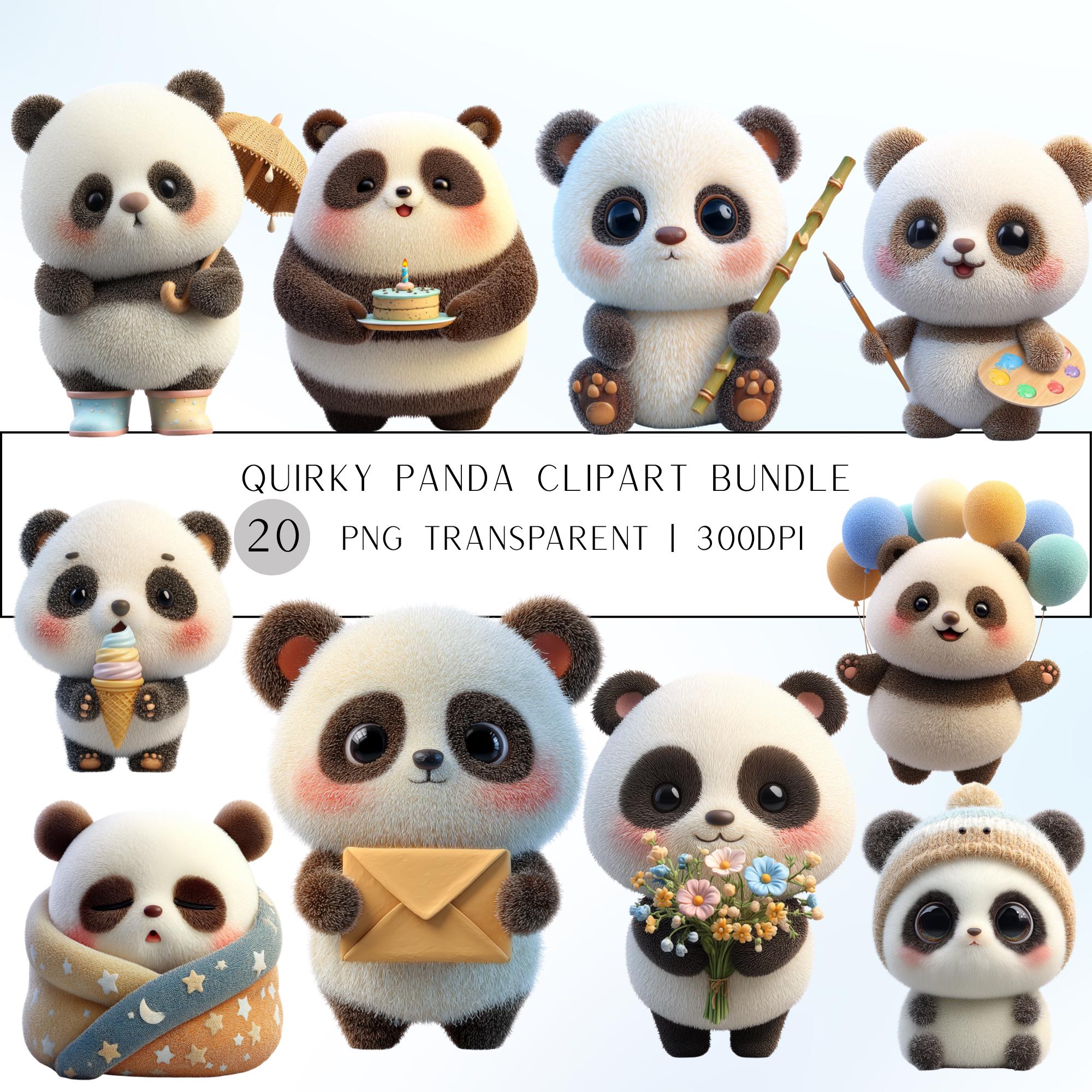 20 Quirky Panda Clipart Bundle | Kawaii Pastel Animals PNG Transparent Background