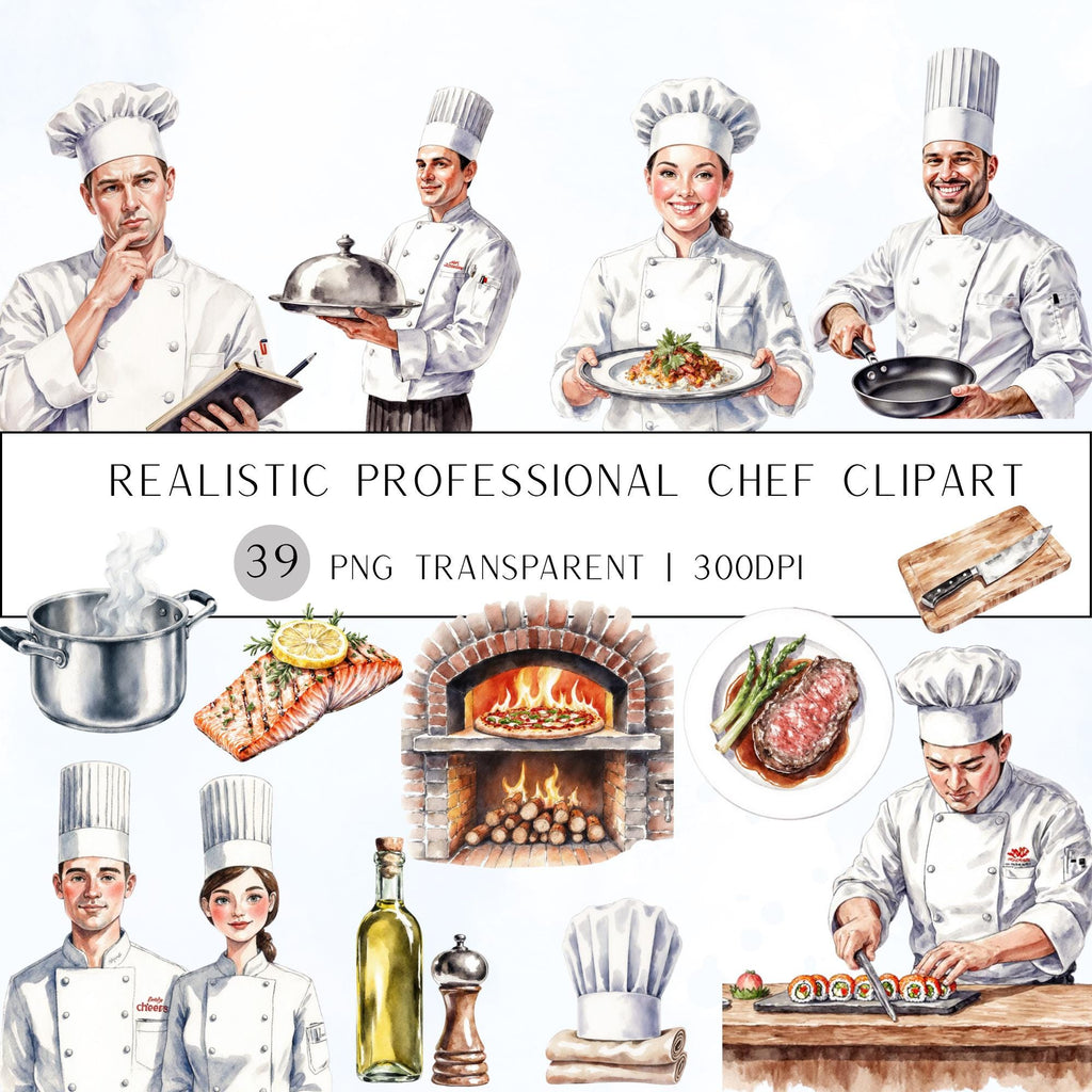 39 Professional Chef Watercolor Clipart Set | PNG Transparent Background Illustrations