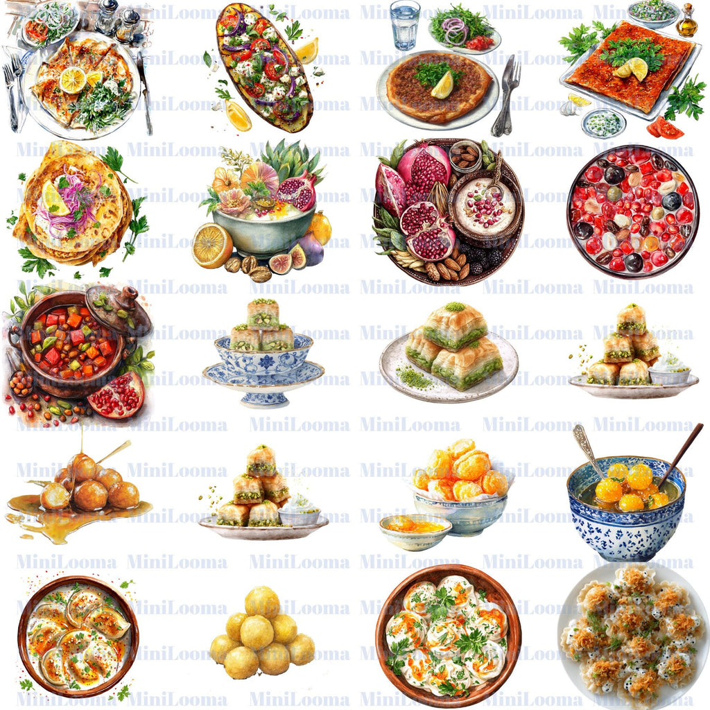 112 Watercolor Turkish Food Clipart Bundle: Mediterranean Cuisine (PNG Transparent)
