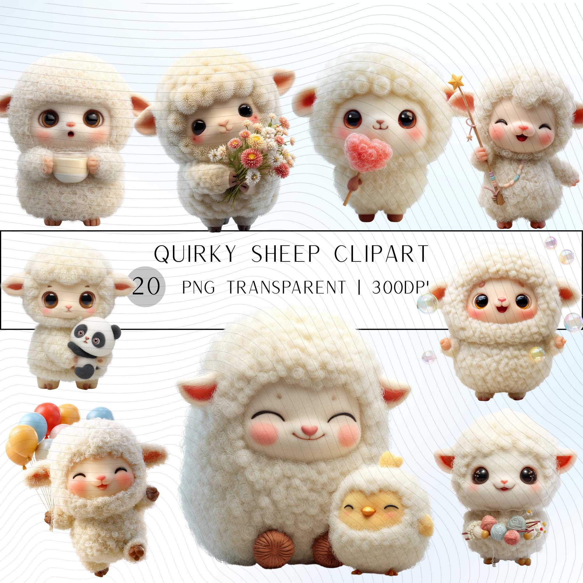20 Quirky Sheep Clipart Set | Funny Characters PNG Transparent Background| 300DPI
