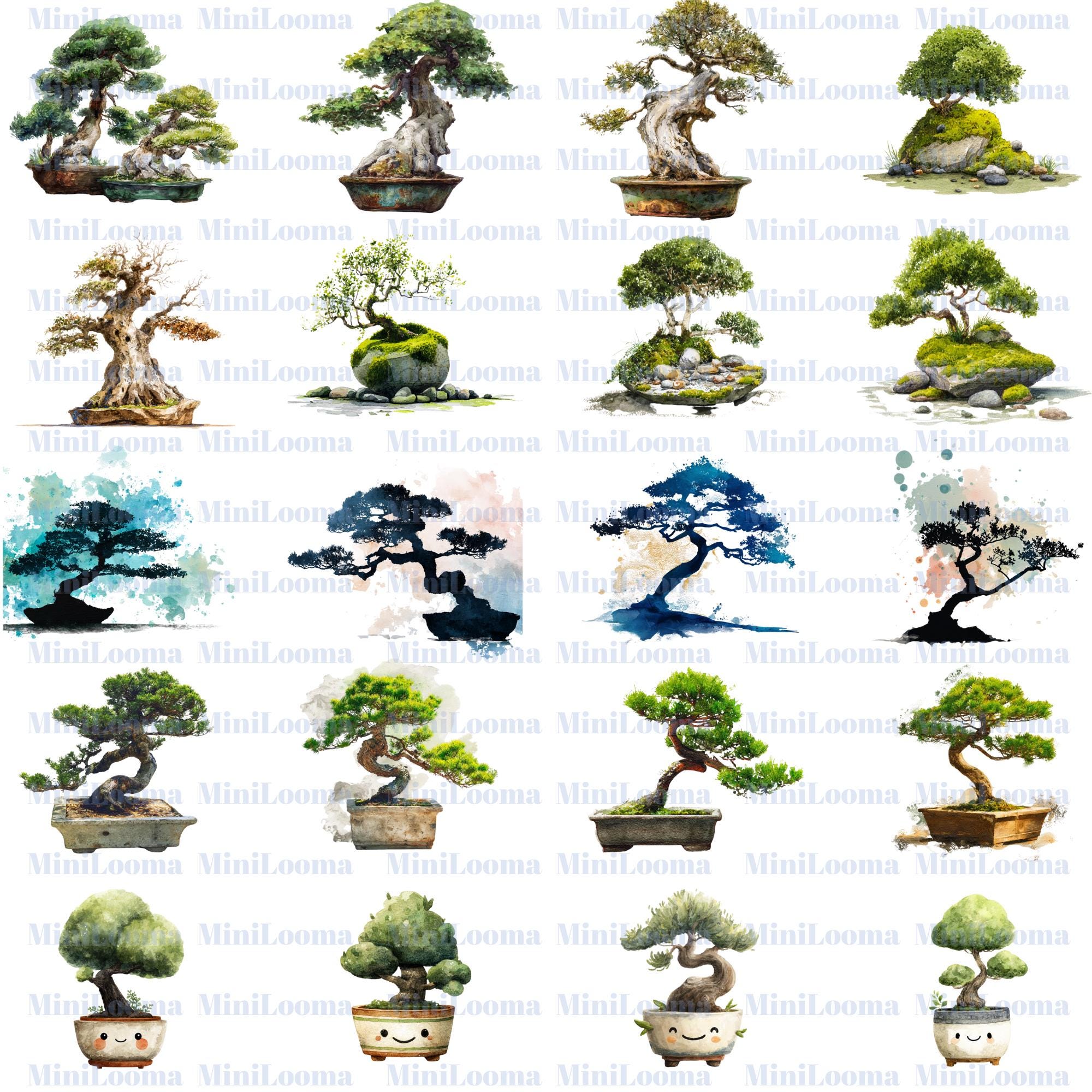 120 Watercolor Bonsai Tree Clipart Bundle: Japanese Garden Art (Transparent PNG)