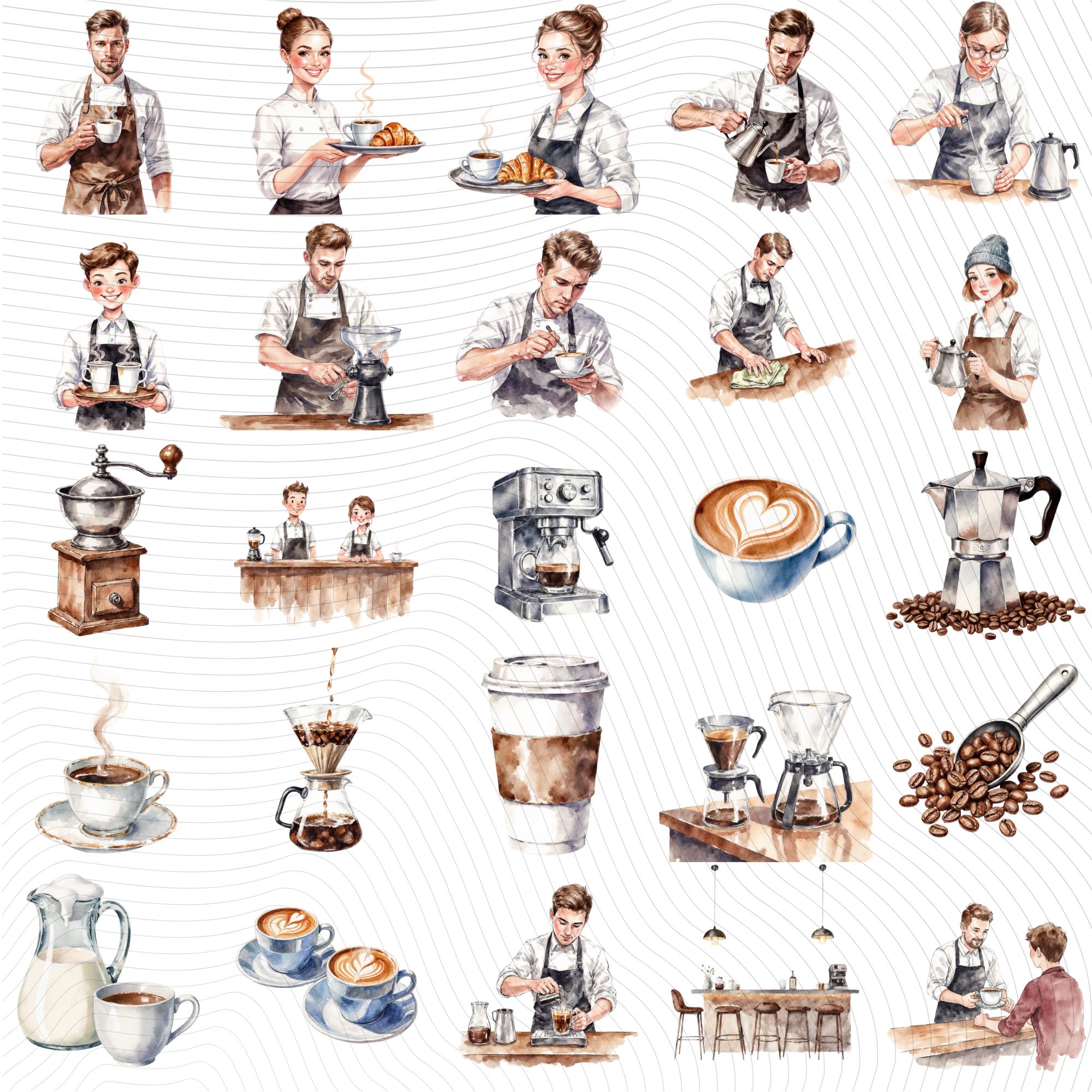 29  Barista Watercolor Clipart Set |Coffee Shop Scenes, Barista Characters|PNG Transparent Background