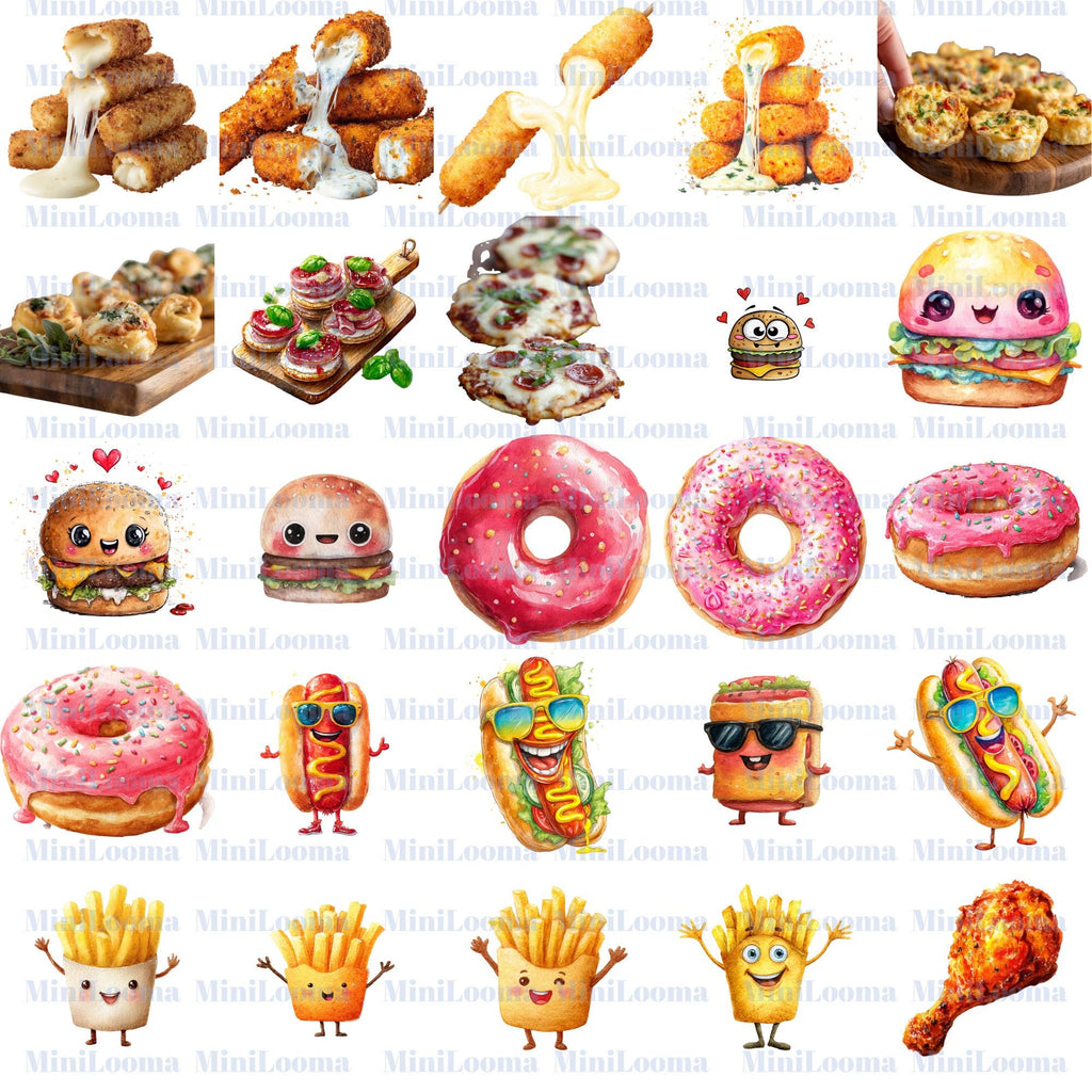 112 Watercolor Fast Food Clipart Bundle: Burger, Fries, Pizza ( Transparent PNG )