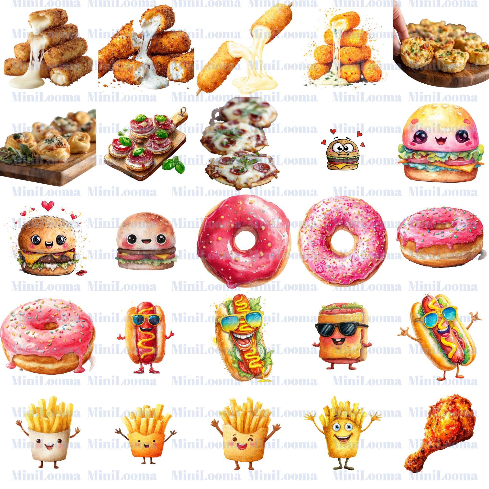 112 Watercolor Fast Food Clipart Bundle: Burger, Fries, Pizza ( Transparent PNG )